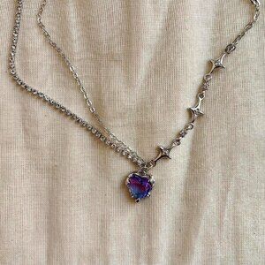 y2k 2000s choker heart crystal star pendant silver necklace
